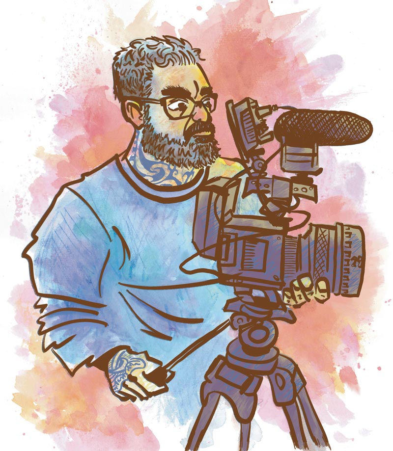 An illustration of Jared Flitcroft behind a large camera on a tripod